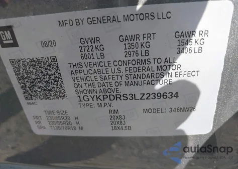 2020 Cadillac Xt6 Awd Premium Luxury z USA, uszkodzony, nr VIN 1GYKPDRS3LZ239634